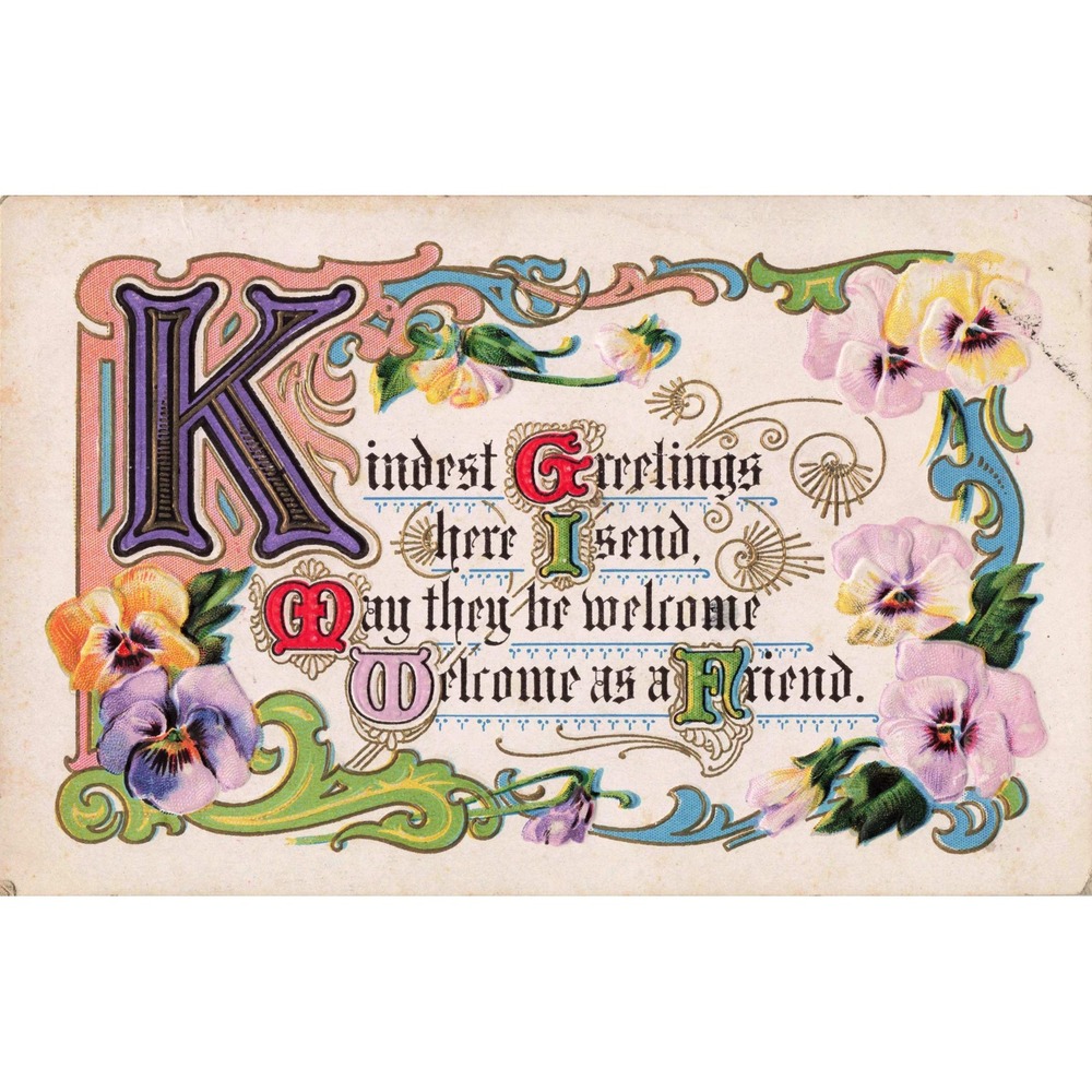 Pansy Floral Friendship Motto Antique Postcard Kindest Greetings Embossed 1911